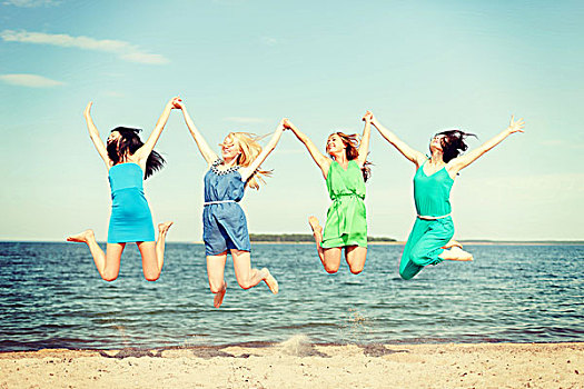 暑假,度假,概念,微笑,女孩,跳跃,海滩