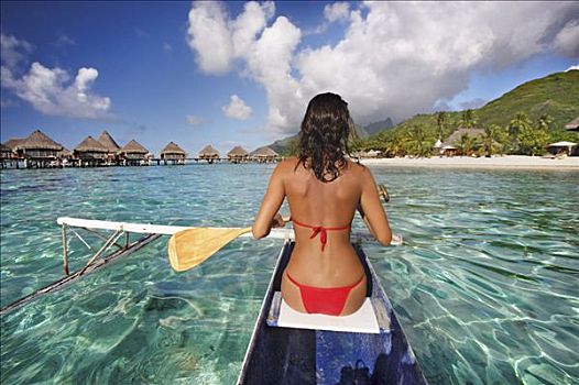 法属玻利尼西亚,波拉岛,女性,皮划艇手,享受,白天,水