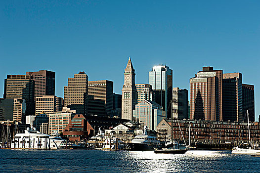 天际线,海关大楼,塔楼,金融区,波士顿港,波士顿,马萨诸塞,新英格兰,美国,北美