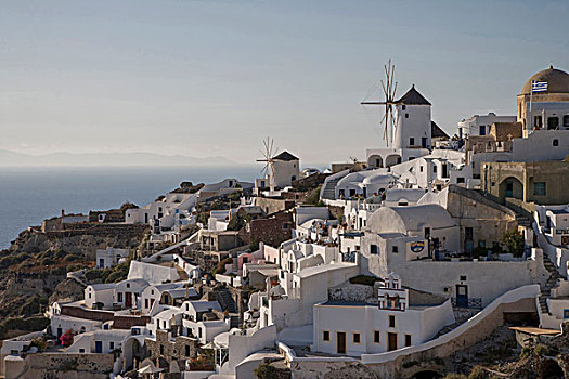 风景,刷白,山坡,城镇,风车,锡拉岛,基克拉迪群岛,希腊