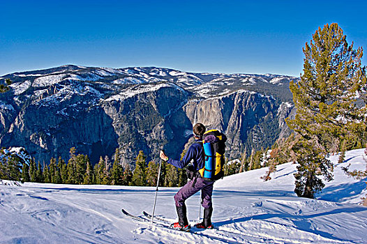 边远地区,滑雪者,俯视,优胜美地瀑布,优胜美地国家公园,加利福尼亚