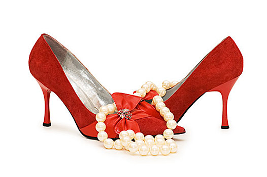 红色,鞋,珍珠项链,隔绝,白色背景