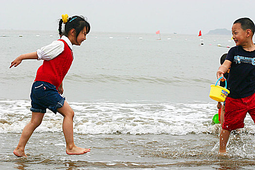 海浪,沙滩,游客,嬉戏,天空