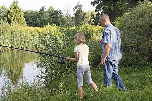 小女孩,父亲,钓鱼,湖