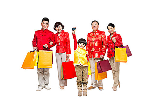 棚拍中國(guó)新年快樂(lè)的唐裝家庭購(gòu)物