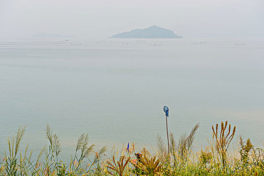 远山,网箱,船,风景,水,反光