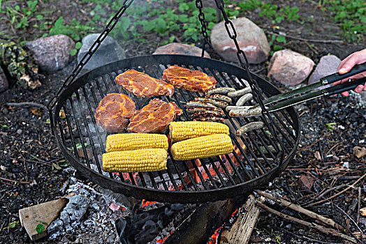 肉,香肠,玉米棒,上方,烧烤,火