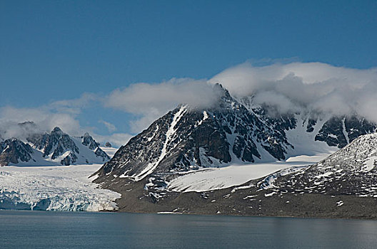 挪威,斯瓦尔巴群岛,斯匹次卑尔根岛,崎岖,景色,风景,冰冻,蓝色,巨大,冰河,太阳,云