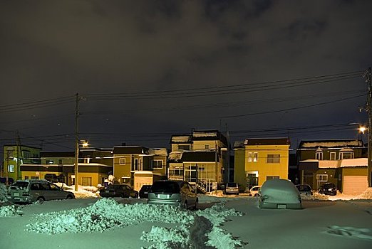 住宅区,夜晚,小路,雪中