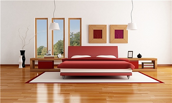 红色,白色,现代,卧室