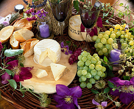 风格,奶酪,法棍面包,葡萄,铁线莲,花