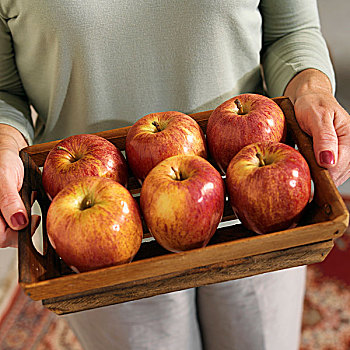 女人,拿着,木质,托盘,富士苹果,苹果