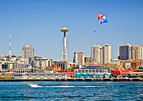 帆伞运动,船,男人,降落伞,水中,西雅图,背景,太空针