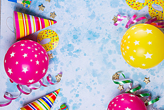 鲜明,彩色,节庆,聚会,场景,气球,彩带,五彩纸屑,蓝色背景,桌子,背景,风格,生日,狂欢派对,贺卡,留白