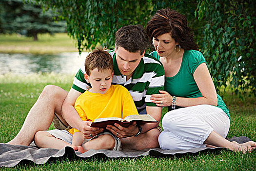 家庭,坐,毯子,公园,学习,圣经,一起