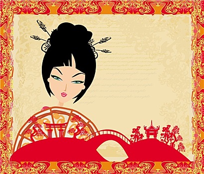 魅力,亚洲女性,拿着,传统,扇子