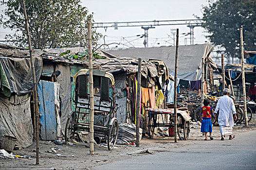 贫民窟,小屋,路边,地区,加尔各答,西孟加拉,印度,亚洲