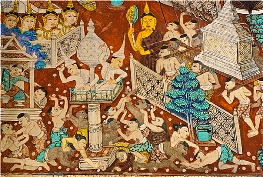 古老,泰国,壁画,庙宇