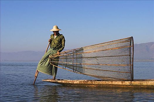 缅甸,掸邦,茵莱湖,钓鱼,男人,网