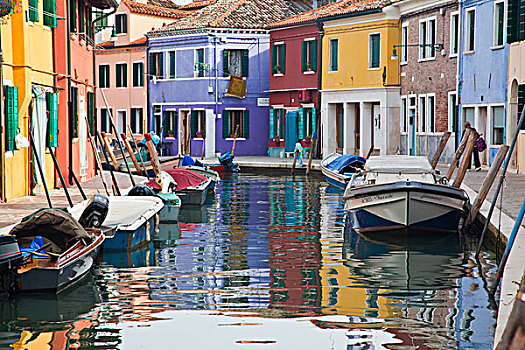 欧洲,意大利,布拉诺岛,彩色,房子,运河,反射