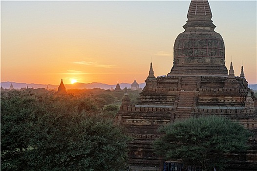 佛教寺庙,日落,蒲甘,缅甸