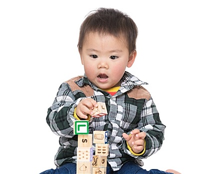 亚洲,男婴,玩,木制玩具,积木