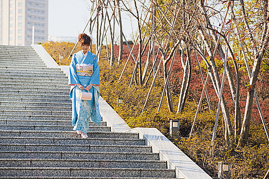日本,东京,漂亮,日本人,女人,蓝色,和服,走,楼梯