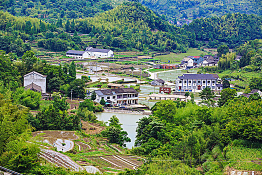 山村,俯瞰,全景,绿色