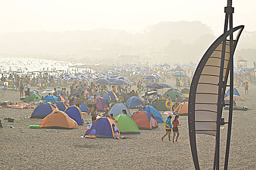 北戴河,浴场,雾,游客,拥挤,帐篷,沙滩,海滩