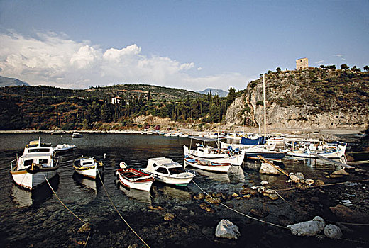 希腊,伯罗奔尼撒半岛,海湾,下午,风景,船,港口,大幅,尺寸