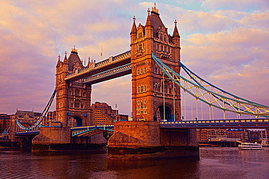 伦敦塔桥,上方,泰晤士河,日落,英格兰