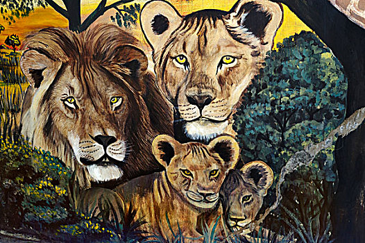 壁画,狮子,家族,纳米比亚,非洲