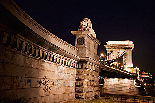 狮子,雕塑,链索桥,上方,多瑙河,夜晚,布达佩斯,匈牙利
