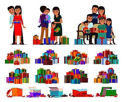 彩色,卡通,人,庆贺,新年,给,礼物,盒子,相互,矢量,海报,群体,装饰,多彩,圣诞节,容器,带,打开