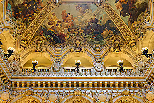 大厅,壁画,华丽,天花板,加尼叶歌剧院,巴黎,法国,欧洲