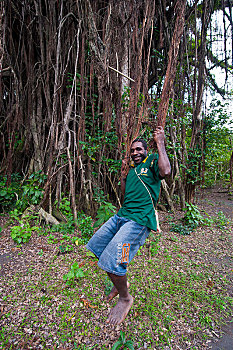 男人,晃动,根部,巨大,菩提树,榕属植物,瓦努阿图,大洋洲