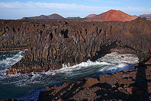 岩石,海岸线,火山地貌,蒙大拿,火山,背影,蒂玛法雅国家公园,兰索罗特岛,加纳利群岛,西班牙,欧洲