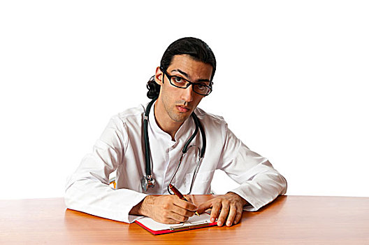 医生,坐,书桌,白色背景