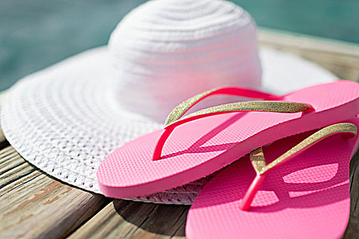 海滩,夏天,假期,配饰,概念,特写,帽子,拖鞋,海边
