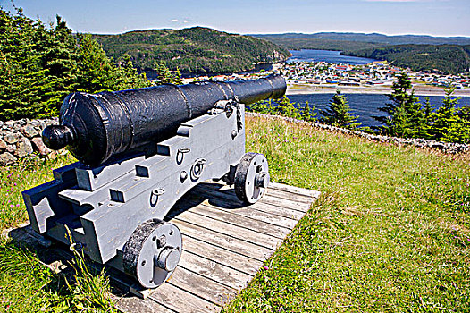 大炮,炮,堡垒,皇家,城堡,山,国家,古迹,远眺,城镇,岬角,岸边,纽芬兰,拉布拉多犬,加拿大