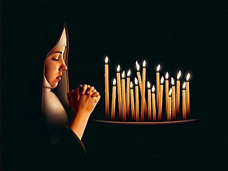 修女,祈祷,旁侧,照亮,蜡烛