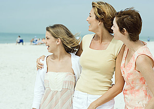 母亲,青少年,女儿,朋友,海滩,看,远景