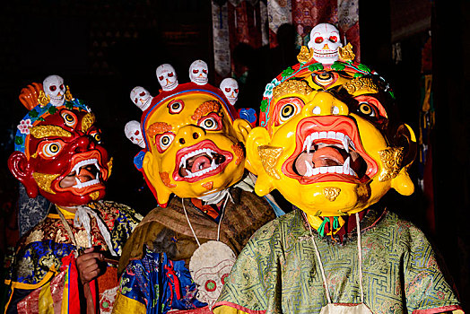 木质,面具,僧侣,仪式,跳舞,节日,拉达克,查谟-克什米尔邦,印度,亚洲