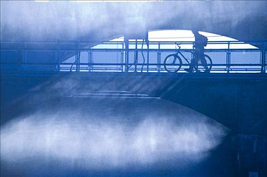 剪影,骑自行车,桥,雾,美国