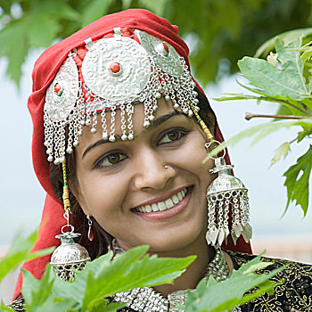特写,女人,微笑,查谟-克什米尔邦,印度