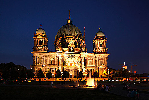 柏林大教堂,喷泉,黄昏,柏林,德国
