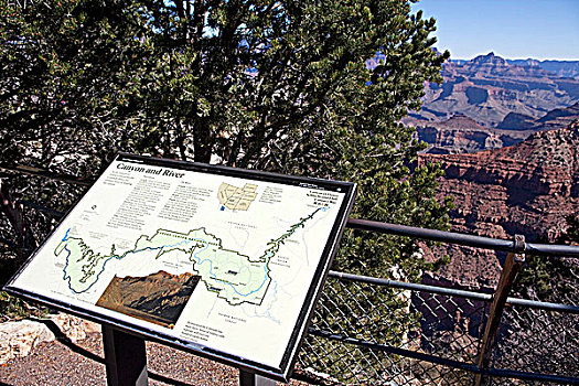 美国,亚利桑那,大峡谷国家公园,信息牌,远眺,北缘,峡谷
