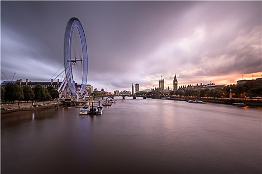 泰晤士河,威斯敏斯特宫,伦敦,天际线,晚上,英国
