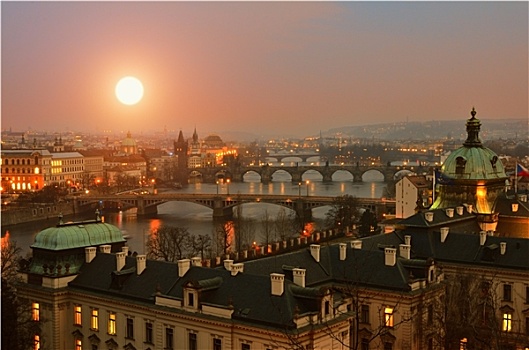 风景,布拉格,桥,日落