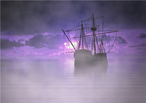 海盗船,日出,雾